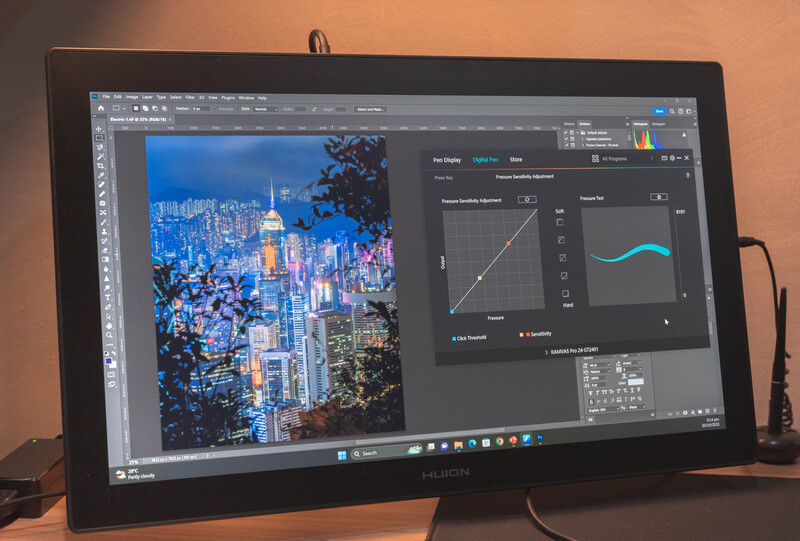 Screenshot of Adobe Photoshop displaying a cityscape photo with curves adjustment panel open.