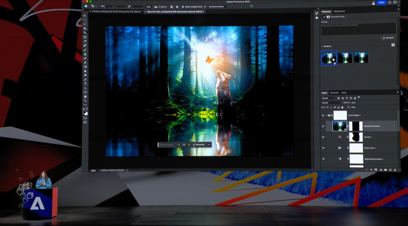 Woman onstage talking in front of screen showing her artwork.