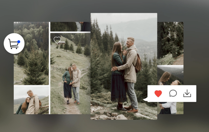 Collage layout displaying multiple candid portraits of couples in natural outdoor mountain settings with evergreen trees.