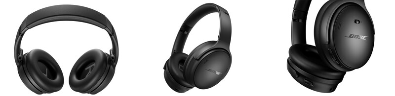 Three black over-ear headphones shown from different angles against a white background.