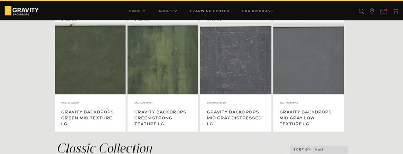 Screenshot of the Gravity Backdrops product page showing four textured backdrop options in neutral earth tones and grays.