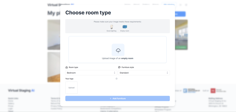 Screenshot of a room visualization interface with options to select room type and furniture style.