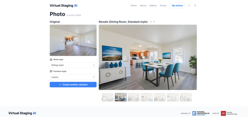 Screenshot showing Virtual Staging AI interface comparing an empty dining room before and after virtual furniture staging.
