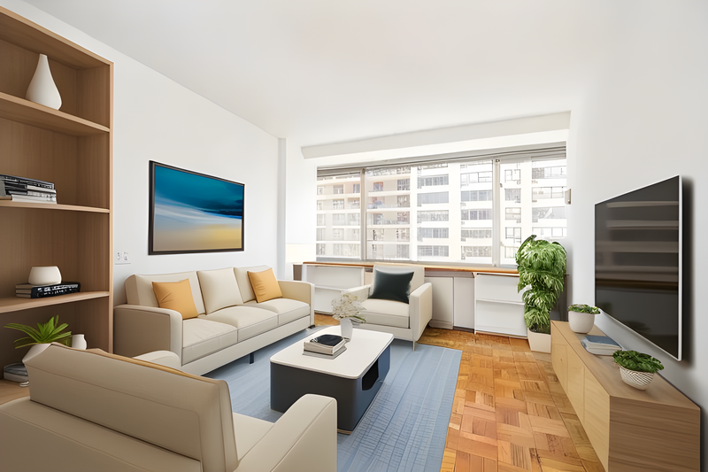 3D rendering of a modern apartment living room with cream sofas, wooden shelving, and city views.
