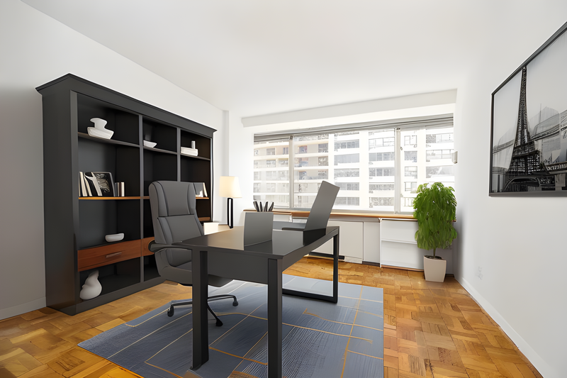Modern home office with black shelving unit, wooden desk, gray office chair, and large windows overlooking city buildings.