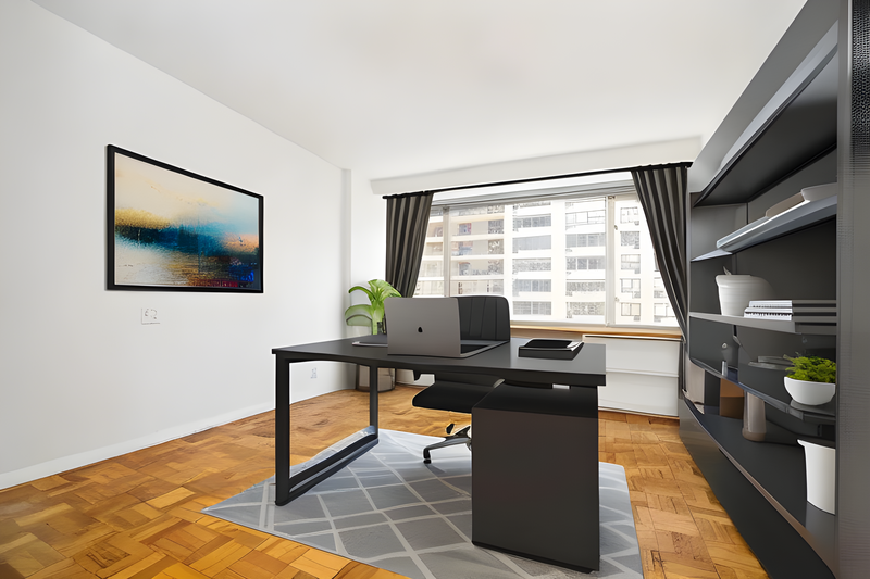 Modern home office with black desk, shelving, and large window overlooking urban buildings.