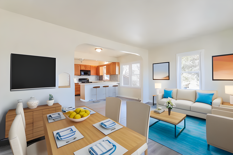 Open-concept living space with dining table, kitchen, and seating area connected by bright natural light from multiple windows.
