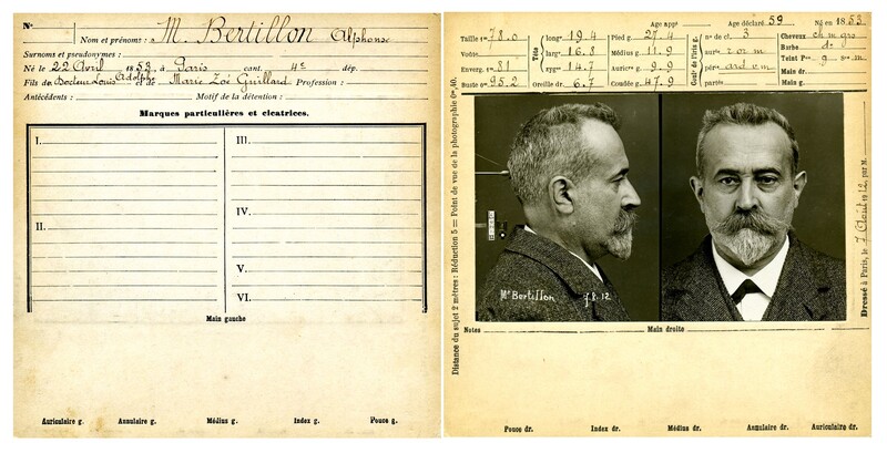 Historical police mugshot document showing profile and front-facing photographs of a male subject with identifying information and measurement fields.