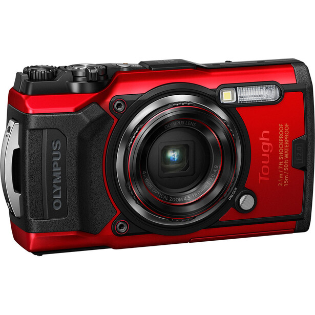 Olympus Tough TG-6 rugged compact camera in red and black, shown at a three-quarter angle.