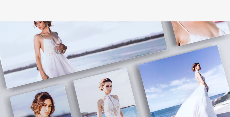 Bridal portrait gallery showing multiple images of a woman in white wedding dress photographed against coastal backdrops.