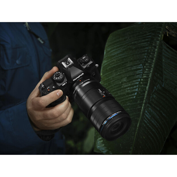 Photographer holding a DSLR camera with telephoto lens near tropical foliage in natural outdoor lighting.