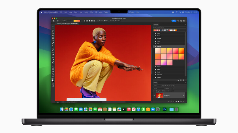 Screenshot of Adobe Photoshop displaying a portrait photo with a vibrant red background during post-processing.