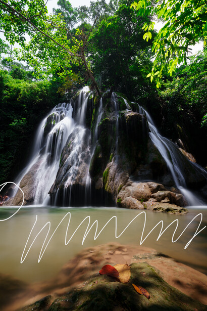 Long exposure waterfall photograph split with motion blur wave graphic overlay.