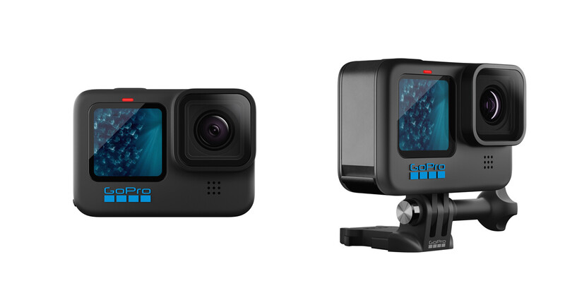 Two GoPro action cameras shown side-by-side with their distinctive compact black designs and blue accent buttons.