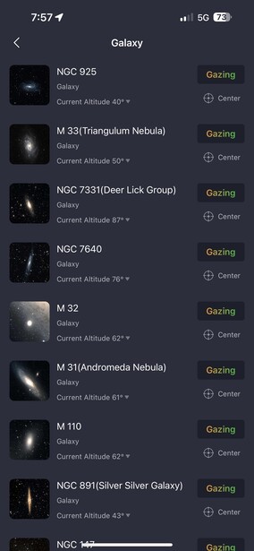 Screenshot of a mobile app displaying a scrollable list of telescope models with names, specifications, and starring options.