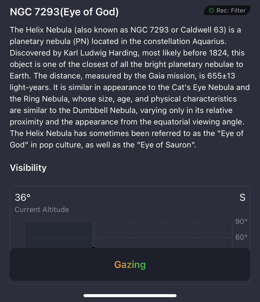 Screenshot of NGC 7293 (Eye of God) nebula information display with visibility data and gazing indicator.