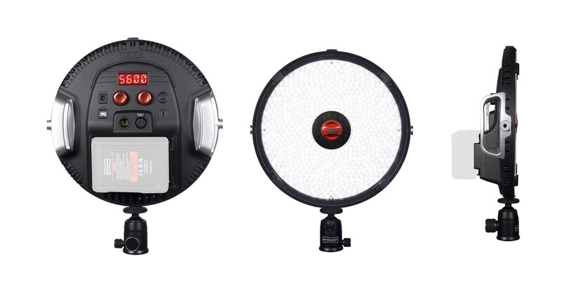 Three views of a round LED light panel showing top, front, and side angles.