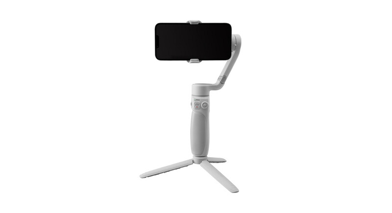 White smartphone gimbal stabilizer with tripod base and articulating arm.