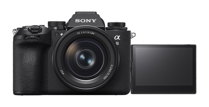 Sony α9 mirrorless camera with 24mm lens and articulating LCD screen displayed.