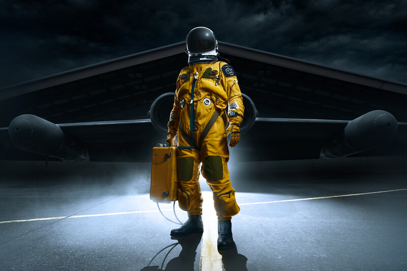Astronaut in yellow suit holding briefcase stands before large aircraft hangar at night.