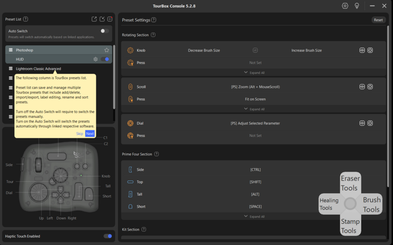 Screenshot of Starfield Console 5.2.8 interface showing brush preset settings and tool options.