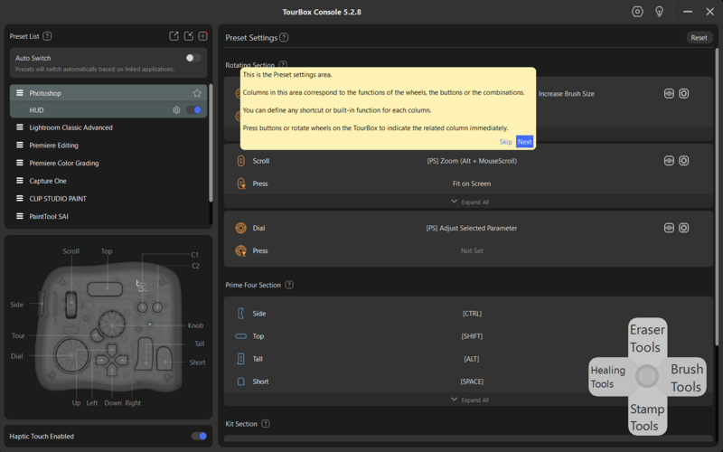 Screenshot of Toolbox Console 5.2.6 showing panel settings for Photoshop with preset options and tool customization.