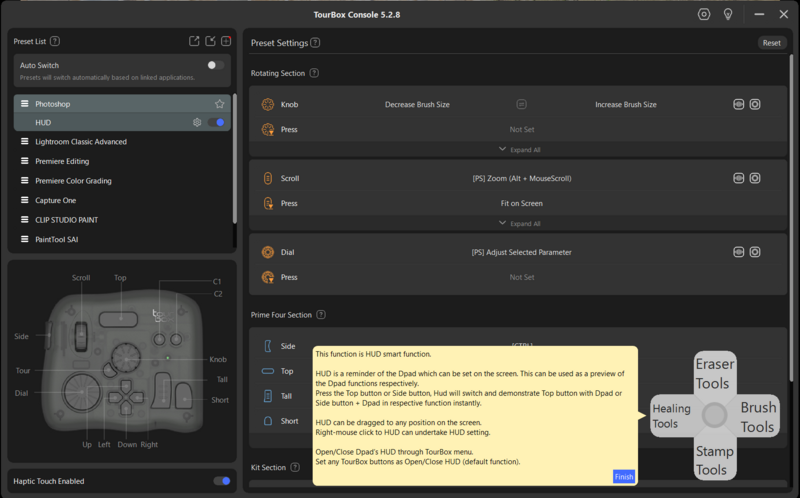 Screenshot of Tarabuco Console software showing brush settings and preset options for digital editing.