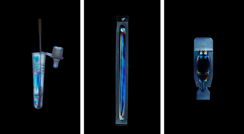 Three product displays showing blue and black technical items arranged vertically against black backgrounds.