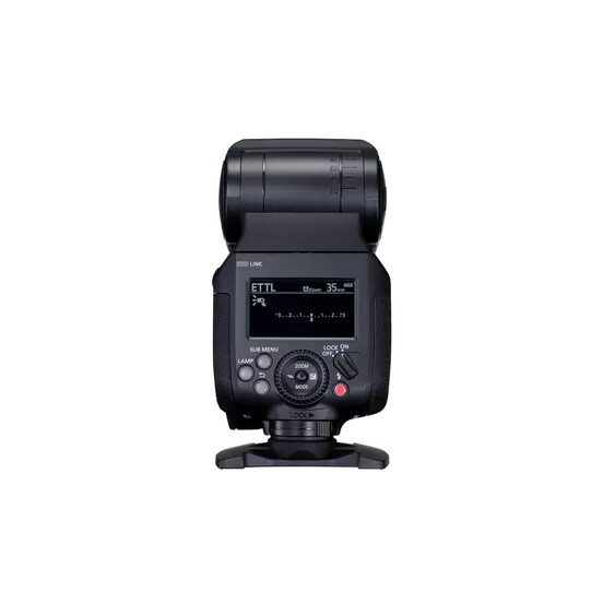 Canon Speedlite flash unit with LCD display and control dial mounted on stand.