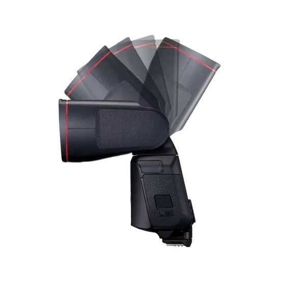 Camera flash unit with multiple diffuser and modifier attachments arranged in a fan display.