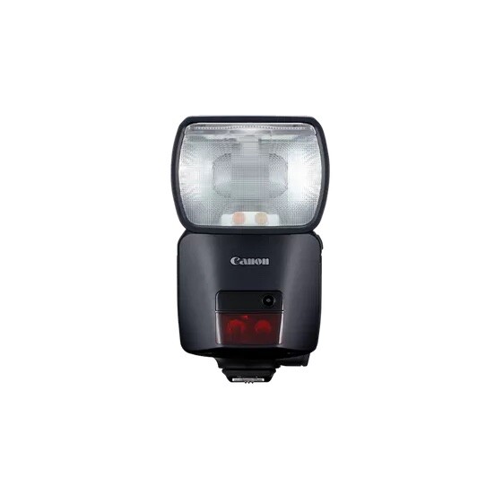 Canon Speedlite flash unit with rounded reflector head and red AF-assist beam indicator on black body.