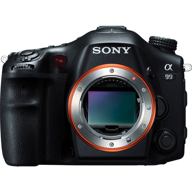Sony a99 full-frame DSLR camera body with orange accent ring around sensor mount.