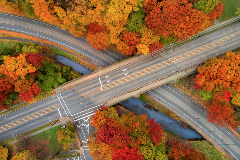Aerial view of two highway overpasses intersecting above a winding river, surrounded by vibrant autumn foliage in shades of red, orange, and yellow.