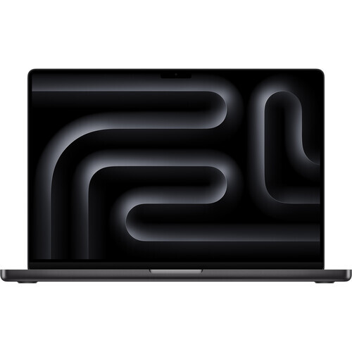 Screenshot of a laptop displaying an abstract geometric wallpaper with curved black and gray shapes.