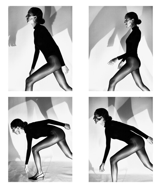 Four-panel series showing a figure in black clothing photographed against a white background with geometric shadow patterns.