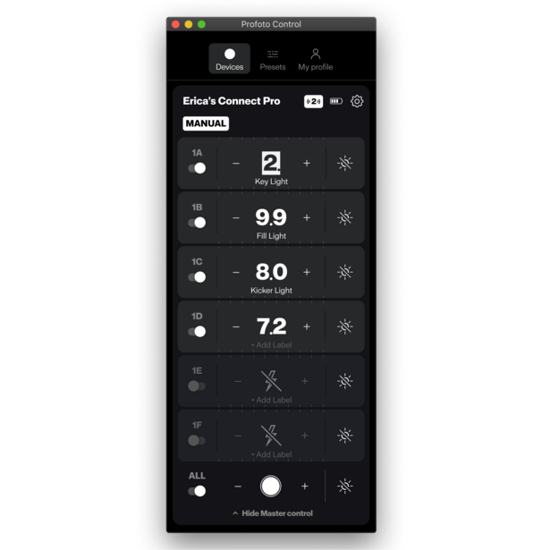 Screenshot of Erica's Connect Pro lighting control interface showing multiple light sources with brightness and color temperature adjustments.