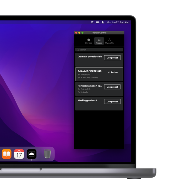 Screenshot of a photo editing software interface with a purple gradient background and a dark control panel on the right side.
