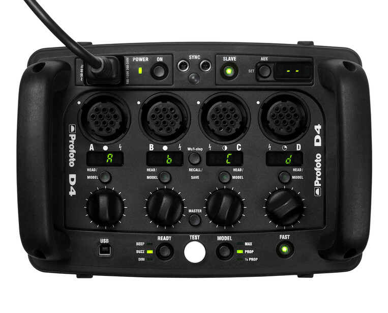 Portable audio mixer with four XLR input channels, level controls, and integrated power supply.