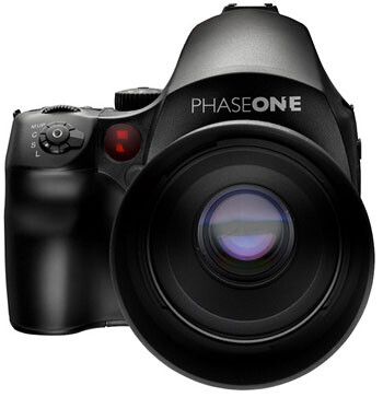 Phase One medium format digital camera with large lens and integrated grip on white background.