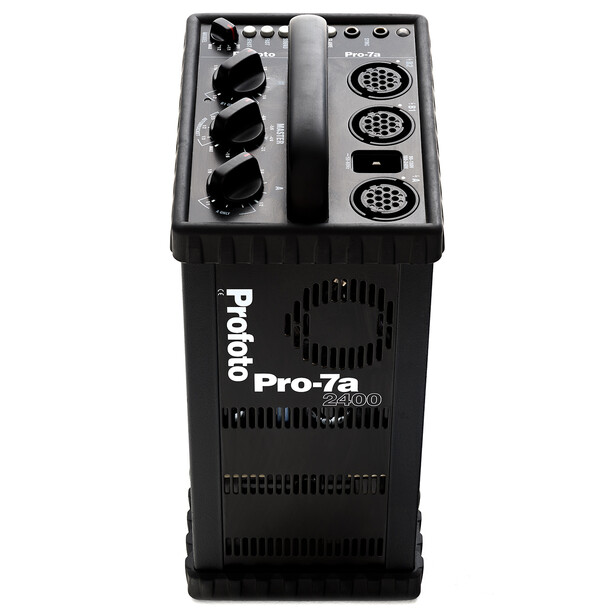 Profoto Pro-7a studio flash pack with control panel and cooling vents visible from above.