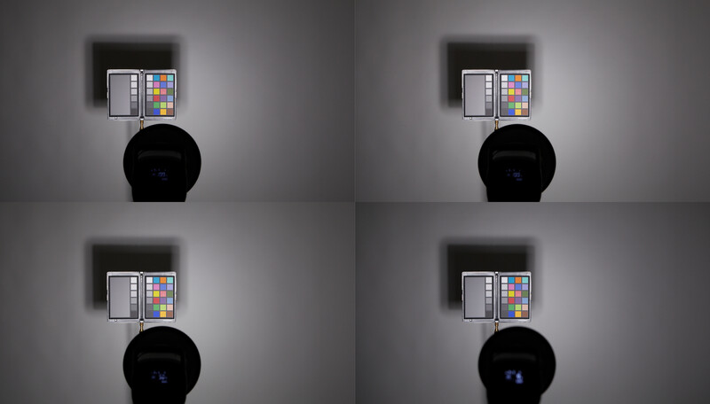 Four-panel comparison showing a color checker chart above a black sphere under different lighting conditions.