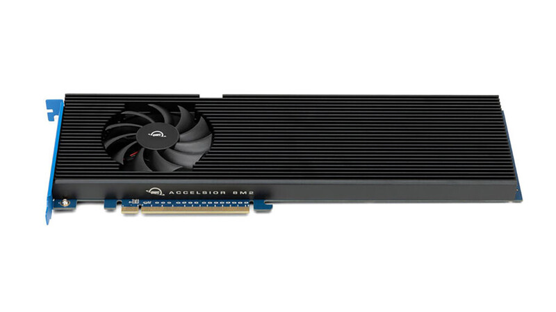 GPU graphics card with black heatsink and cooling fan mounted on blue circuit board.