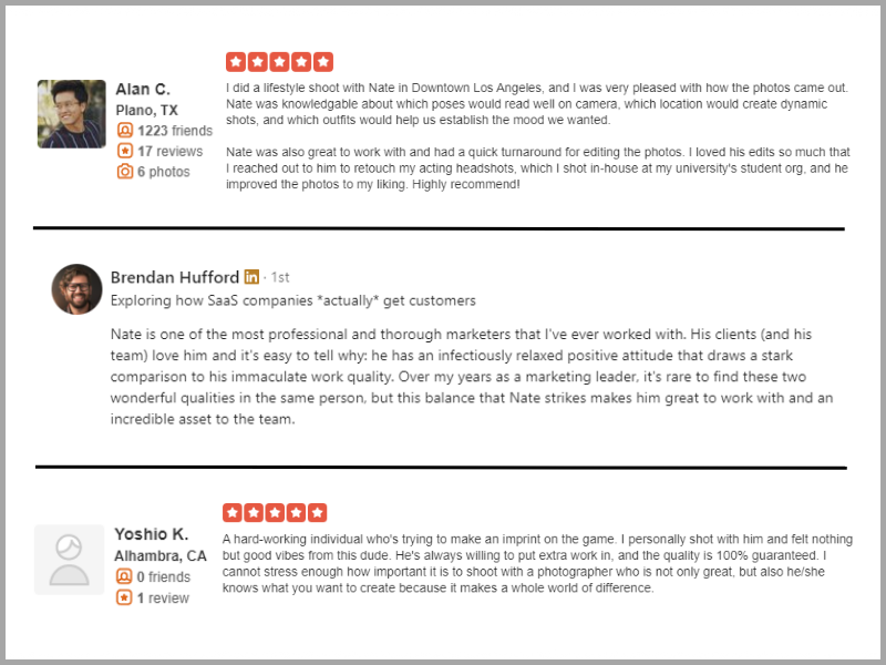 Reviews from photography clients