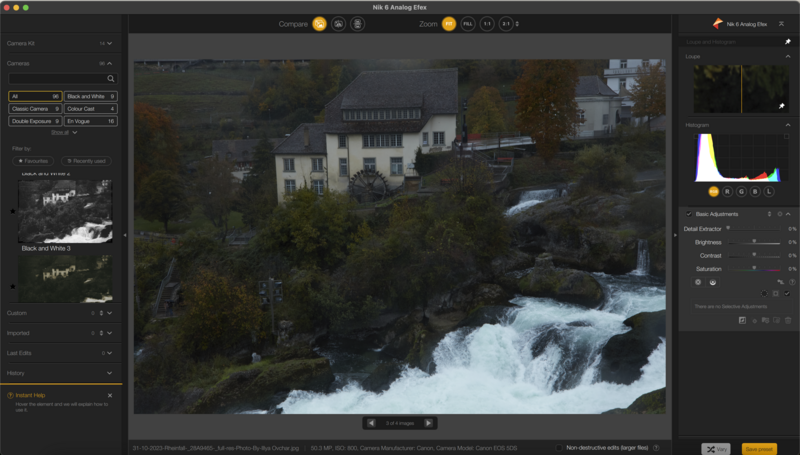 Screenshot of raw photo editing software displaying a landscape image of a waterfall and house with histogram and adjustment panels visible.