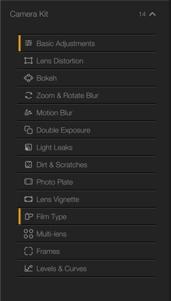 Screenshot of a Camera Kit menu panel showing adjustment tools and filters.