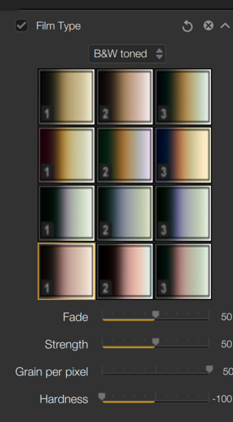 Screenshot of film emulation presets showing B&W toned filter options with adjustment sliders.