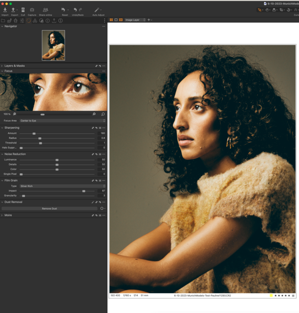 Screenshot of photo editing software showing portrait retouching workflow with adjustment panels visible.