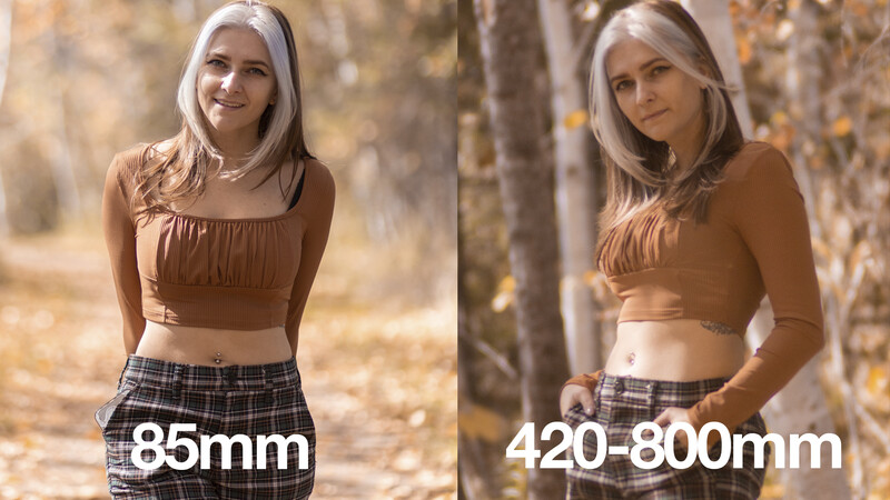 Side-by-side comparison of focal length effects on portrait photography, labeled 85mm and 420-800mm.