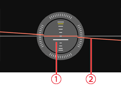 Diagram showing a camera viewfinder reticle with horizontal and vertical crosshairs and focus points marked as 1 and 2.