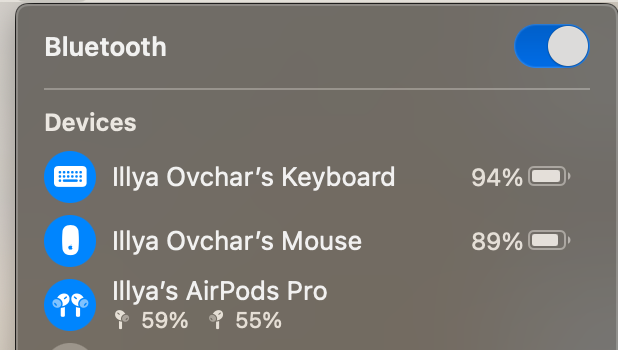 Screenshot of Bluetooth settings showing connected devices including keyboard, mouse, and AirPods Pro with battery percentages.